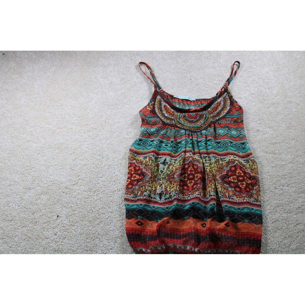 Maurices Tank Top Womens Small Multicolor Boho Printed Beaded Sleeveless Sheer